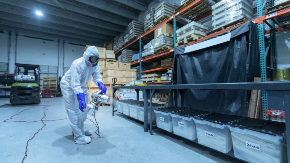 a technician conducting  space spray in a warehouse